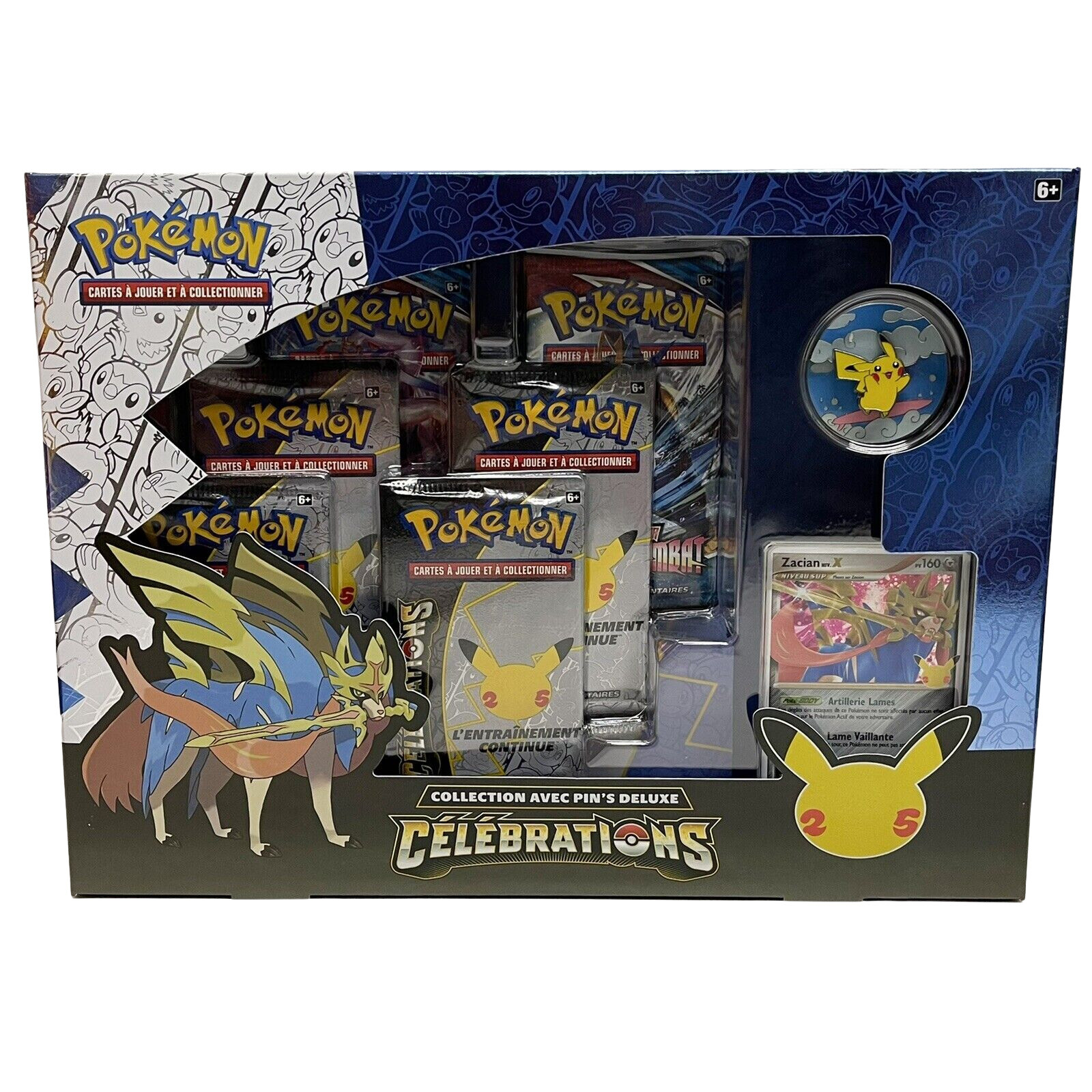 Coffret francés Pokémon TCG Celebrations con Zacian Niv. X
