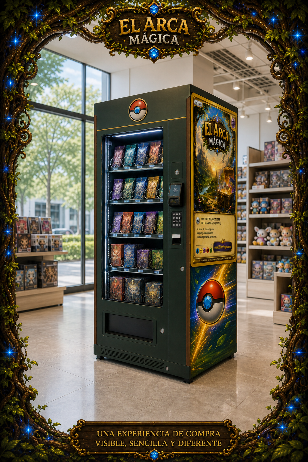 Máquina vending de El Arca Mágica instalada en un comercio real y enmarcada por un arco fantástico